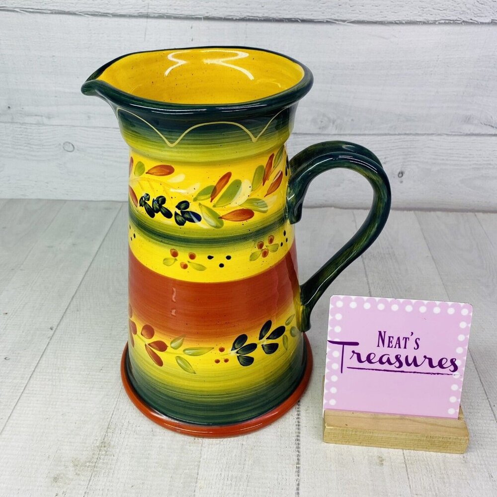 Corsica LA PROVINCE Red Blue Floral Band Dot Hand Paint Earthenware 80oz Pitcher